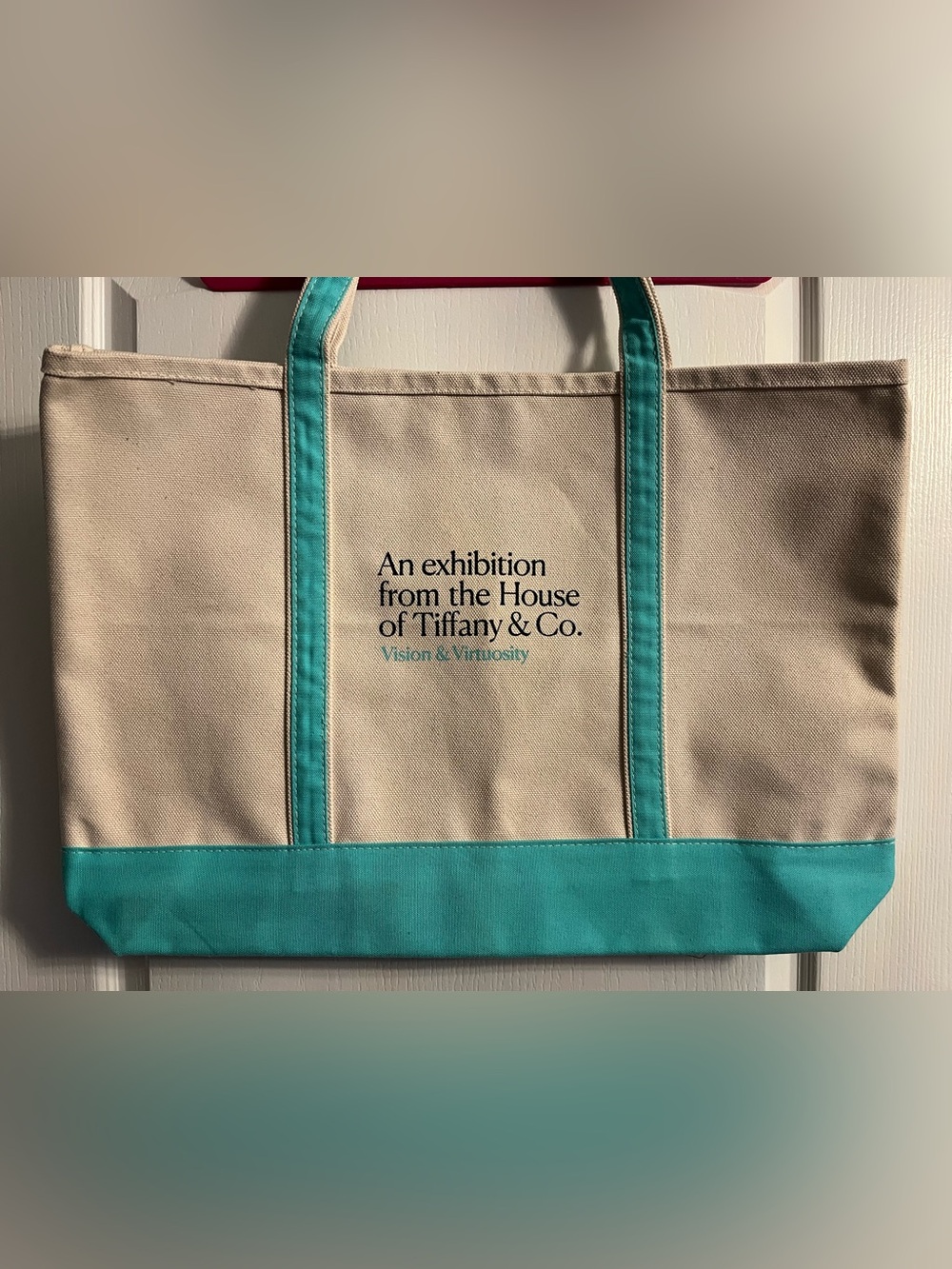 Tiffany & Co. Beige Canvas Tote with Turquoise Handles and Trim